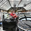 Nhân viên hãng Nissan hoàn tất công đoạn sản xuất xe ô tô tại nhà máy của Công ty ở Sunderland, Đông Bắc Anh. (Ảnh: AFP/TTXVN)