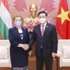 Chủ tịch Quốc hội Vương Đình Huệ tiếp Bà Márta Mátrai, Phó Chủ tịch thứ nhất Quốc hội Hungary, đang thăm làm việc tại Việt Nam. (Ảnh: Doãn Tấn/TTXVN)