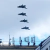 Biên đội máy bay tiêm kích thế hệ thứ 5 Sukhoi Su-57 trên bầu trời Moskva. (Ảnh: Trần Hiếu/TTXVN)