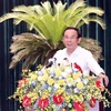 Ủy viên Bộ Chính trị, Bí thư Thành ủy Thành phố Hồ Chí Minh Nguyễn Văn Nên phát biểu chỉ đạo Hội nghị. (Ảnh: Xuân Khu/TTXVN)