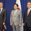 Ngoại trưởng Mỹ Antony Blinken cùng người đồng cấp Nhật Bản Yoshimasa Hayashi và Ngoại trưởng Hàn Quốc Park Jin. (Nguồn: Kyodo)
