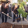 Chủ tịch Quốc hội Vương Đình Huệ và Chủ tịch Thượng viện Nhật Bản Otsuji Hidehisa thực hiện nghi thức trồng cây. (Ảnh: Doãn Tấn/TTXVN)