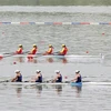 Đội thuyền bốn nữ hạng nặng môn rowing (Đinh Thị Hảo, Dư Thị Bông, Phạm Thị Huệ, Hà Thị Vui) giành huy chương Đồng. (Ảnh: Hoàng Linh/TTXVN)
