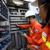 Công nhân Công ty Truyền tải điện 1 kiểm tra thiết bị TBA 220 kV Xuân Mai. (Ảnh: Huy Hùng/TTXVN)