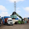 Bốc dỡ container gạo xuất khẩu đi Trung Quốc tại Cảng logistics Công ty TNHH Dương Vũ, huyện Thủ Thừa (Long An). Ảnh: Hồng Đạt/TTXVN