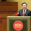 Chủ tịch Quốc hội Vương Đình Huệ phát biểu tại buổi gặp mặt. (Ảnh: Minh Đức/TTXVN)