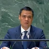 Đại sứ Đặng Hoàng Giang, Trưởng Phái đoàn Thường trực Việt Nam tại Liên hợp quốc phát biểu về lập trường của Việt Nam tại phiên họp khẩn cấp đặc biệt của Đại hội đồng. (Ảnh: Thanh Tuấn/TTXVN)