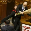 Nghị sỹ đối lập nhấc bổng thủ tướng Arseniy Yatsenyuk ra khỏi bục phát biểu. (Nguồn: Reuters)