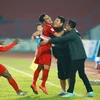 Pha ăn mừng bàn thắng nâng tỷ số lên 4-0 của đội Hải Phòng. (Ảnh: Lâm Khánh/TTXVN)