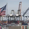 Hàng hóa từ Trung Quốc và các nước châu Á khác chờ bốc dỡ tại Cảng Los Angeles, bang California, Mỹ. (Ảnh: AFP/TTXVN)