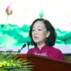 Đồng chí Trương Thị Mai, Ủy viên Bộ Chính trị, Bí thư Trung ương Đảng, Trưởng Ban Dân vận Trung ương phát biểu tại Lễ kỷ niệm. (Ảnh: Phương Hoa/TTXVN)