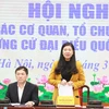 Chủ tịch Ủy ban Mặt trận Tổ quốc Việt Nam thành phố Hà Nội Nguyễn Lan Hương phát biểu tại Hội nghị. (Ảnh: TTXVN phát)