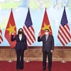 Thủ tướng Phạm Minh Chính và Phó Tổng thống Hoa Kỳ Kamala Harris tại buổi tiếp. (Ảnh: Dương Giang/TTXVN)