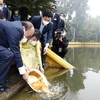 Chủ tịch nước cùng các kiều bào thả cá truyền thống tại Ao cá Bác Hồ