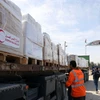Đoàn xe chở hàng cứu trợ từ Ai Cập tới Dải Gaza qua cửa khẩu Rafah. (Ảnh: AFP/TTXVN)
