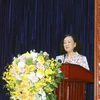 Ủy viên Bộ Chính trị, Thường trực Ban Bí thư, Trưởng Ban Tổ chức Trung ương Trương Thị Mai phát biểu tại hội nghị. (Ảnh: Nguyễn Chinh/TTXVN)