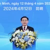 Chủ tịch Quốc hội Vương Đình Huệ phát biểu tại Diễn đàn chính sách, pháp luật thúc đẩy hợp tác đầu tư thương mại Việt Nam-Trung Quốc. (Ảnh: Nhan Sáng/TTXVN)