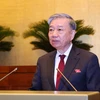 Đại tướng Tô Lâm, Bộ trưởng Bộ Công an trình bày Tờ trình về dự án Luật Quản lý, sử dụng vũ khí, vật liệu nổ và công cụ hỗ trợ (sửa đổi). (Ảnh: TTXVN)