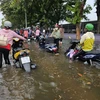 Trận mưa lớn khiến Khu công nghiệp Giao Long (huyện Châu Thành, Bến Tre) bị ngập nặng, công nhân phải lội bì bõm trong biển nước vào sáng 21/5. (Ảnh: Chương Đài/TTXVN)