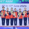 Các vận động viên Việt Nam giành HCV Giải vô địch Thể dục Aerobic châu Á lần thứ 9 nội dung Aerobic Dance lứa tuổi Senior. (Ảnh: Hoàng Hiếu/TTXVN)