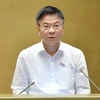 Phó Thủ tướng, Bộ trưởng Bộ Tư pháp Lê Thành Long trình bày Tờ trình về phương án gia hạn trả nợ đối với khoản vay tái cấp vốn theo Nghị quyết số 135/2020/QH14 ngày 17/11/2020 của Quốc hội. (Ảnh: Phương Hoa/TTXVN)