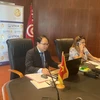 Hội nghị giao thương trực tuyến Việt Nam-Tunisia tại trụ sở Liên đoàn Công nghiệp, Thương mại và Thủ công Tunisia (UTICA). (Nguồn: Thương vụ Việt Nam tại Algeria kiêm nhiệm Tunisia cung cấp)