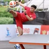 Tuyển thủ Việt Nam đang tranh tài tại Giải vô địch Teqball thế giới năm 2024. (Ảnh: Thanh Vũ/TTXVN)