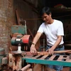 Anh Nguyễn Ngọc Du pha hàng gỗ tại xưởng sản xuất của gia đình. (Ảnh: Thanh Thương/TTXVN)