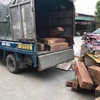 Xe vận chuyển chở gỗ hương lậu tại cơ quan công an. (Ảnh: TTXVN)