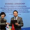 Bộ trưởng Trần Hồng Hà và Bộ trưởng Bộ Môi trường Hàn Quốc Kim Eunkyung ký Bản ghi nhớ hợp tác toàn diện về môi trường giữa hai bộ. (Nguồn: kT/Vietnam+)