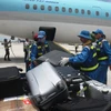 Hành lý được nhân viên bốc dỡ từ máy bay xuống xe để vận chuyển vào đảo hành lý trả cho khách. (Ảnh: Việt Hùng/Vietnam+)