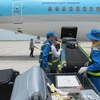 Nhân viên bốc xếp hành lý từ hầm hàng máy bay. (Ảnh: Việt Hùng/Vietnam+)