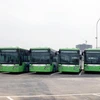 Dàn xe buýt nhanh BRT Kim Mã-bến xe Yên Nghĩa đang tập kết và chờ ngày lăn bánh. (Ảnh: Doãn Đức/Vietnam+)