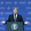 Tổng thống Mỹ Donald Trump trả lời tại buổi họp báo sau Hội nghị Thưởng đỉnh Mỹ-Triều lần 2. (Ảnh: CTV/Vietnam+)