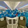 Toàn bộ phi hành đoàn Vietnam Airlines phải mặc quần áo bảo hộ toàn thân trong suốt quá trình phục vụ đưa người Việt Nam từ Mỹ về nước. (Ảnh: CTV/Vietnam+)