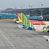 Máy bay của các hãng hàng không tạm dừng hoạt động bay tại sân bay Nội Bài. (Ảnh: CTV/Vietnam+)