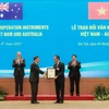 Vietnam Airlines công bố khai trương đường bay thẳng giữa Hà Nội và Melbourne trước sự chứng kiến của Thủ tướng Chính phủ Phạm Minh Chính và Thủ tướng Australia Anthony Albanese. (Ảnh: CTV/Vietnam+).
