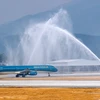Lần đầu tiên trong lịch sử, Sân bay Biện Biên đón nhận thành công một máy bay cỡ lớn, hiện đại do Vietnam Airlines khai thác. (Ảnh: PV/Vietnam+)