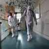  Nhân viên y tế Hàn Quốc phun thuốc khử trùng nhằm ngăn ngừa MERS lây lan. (Nguồn: AFP/TTXVN)