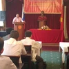 Đại sứ Việt Nam tại Liên bang Nga Nguyễn Thanh Sơn phát biểu tại buổi gặp mặt. (Ảnh: Quế Anh/Vietnam+) 