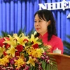 Bà Võ Thị Ánh Xuân, Bí thư Tỉnh ủy An Giang nhiệm kỳ 2015-2020 phát biểu tại đại hội. (Ảnh: Công Mạo/TTXVN)