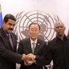 Từ phải qua: Tổng thống Venezuela Nicolas Maduro, Tổng Thư ký LHQ Ban Ki-moon, Tổng thống Guyana David Granger. (Nguồn: AFP/TTXVN)