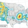 Các khu vực được đánh dấu màu nóng (gồm các bang Alabama, Arkansas, Colorado, Kansas, New Mexico, Ohio, Oklahoma và Texas) có nguy cơ cao xảy ra động đất. (Nguồn: dailymail.co.uk)