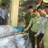 Lực lượng chức năng Thanh Hóa bắt giữ lô hàng mỡ động vật đã qua sơ chế không có giấy tờ hợp pháp. (Ảnh: Trịnh Duy Hưng/TTXVN)