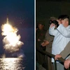 Nhà lãnh đạo Triều Tiên Kim Jong-Un (giữa, ảnh phải) theo dõi vụ phóng thử tên lửa đạn đạo "Pukguksong" từ tàu ngầm (ảnh trái) ngày 25/8. (Nguồn: Yonhap/TTXVN)