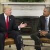 Tổng thống đương nhiệm Barack Obama hội đàm với Tổng thống đắc cử Donald Trump. (Nguồn: EPA/TTXVN)