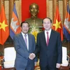 Chủ tịch nước Trần Đại Quang tiếp Samdech Techo Hun Sen, Thủ tướng Vương quốc Campuchia nhân chuyến thăm chính thức Việt Nam. (Ảnh: Nhan Sáng/TTXVN)