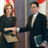 Ngoại trưởng Nhật Bản Fumio Kishida (phải) và Đại sữ Mỹ tại Nhật Bản Caroline Kennedy (trái) tại lễ ký ở Tokyo. (Nguồn: Kyodo/TTXVN)
