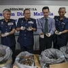 Hải quan Malaysia trưng bày số vảy tê tê vừa thu giữ trong cuộc họp báo tại Sepang. (Nguồn: EPA/TTXVN)