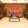Chủ tịch Quốc hội Nguyễn Thị Kim Ngân tiếp Chủ tịch Quốc hội Vương quốc Campuchia Heng Samrin. (Ảnh: Trọng Đức/TTXVN) 
